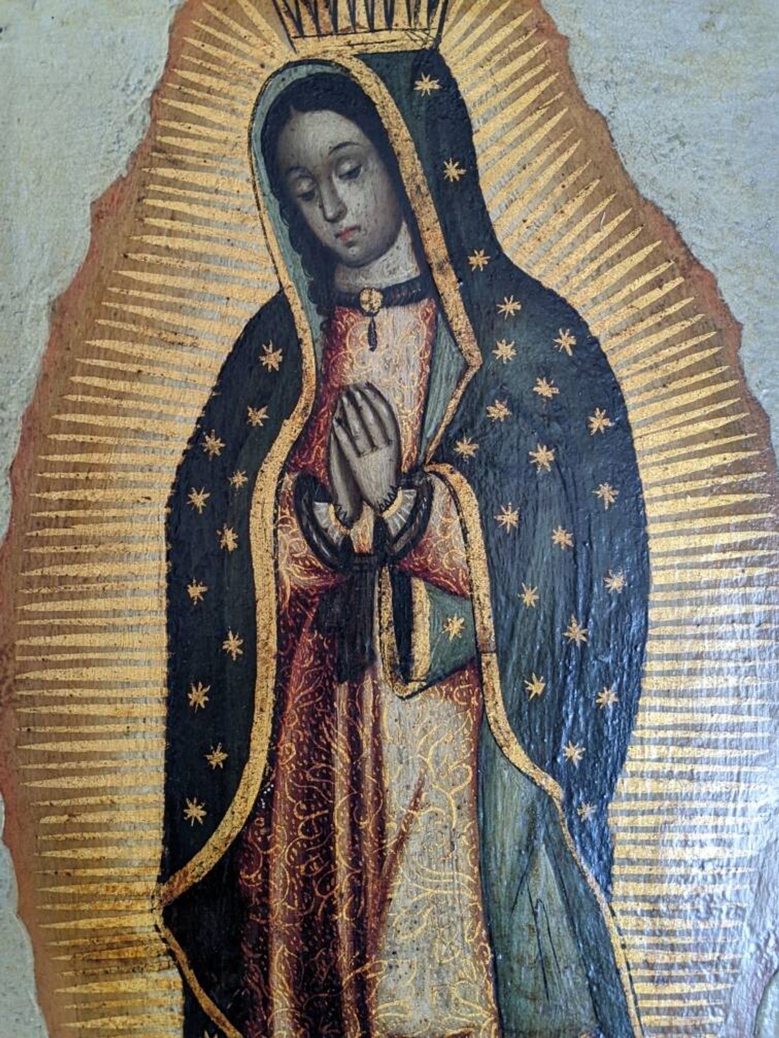 Religious tableau of the Virgin, painting on metal with a handcrafted wooden frame.