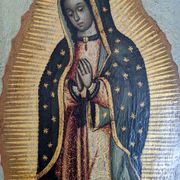 Religious tableau of the Virgin, painting on metal with a handcrafted wooden frame.