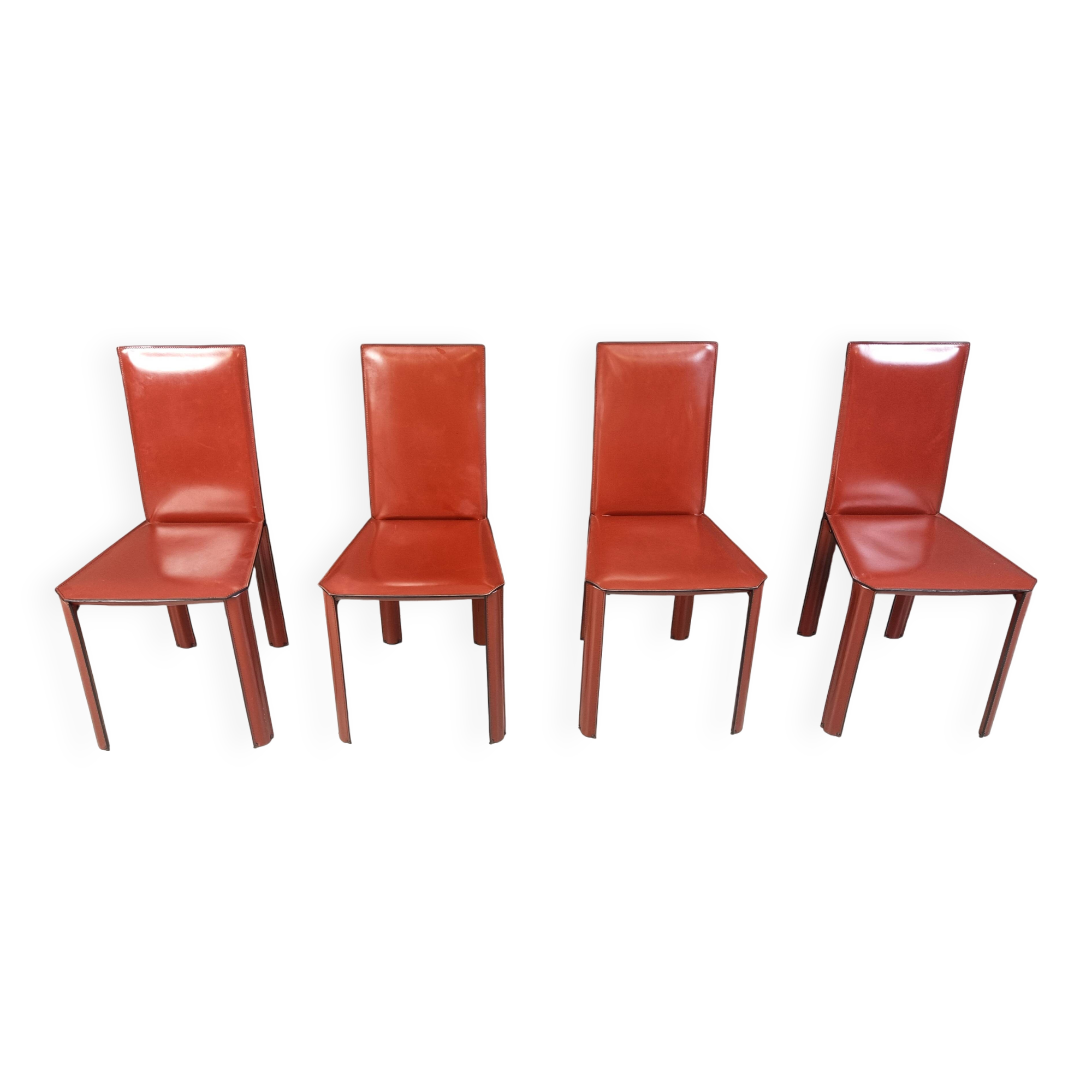 Red leather dining chairs by De Couro Brazil, 1980s - set of 4