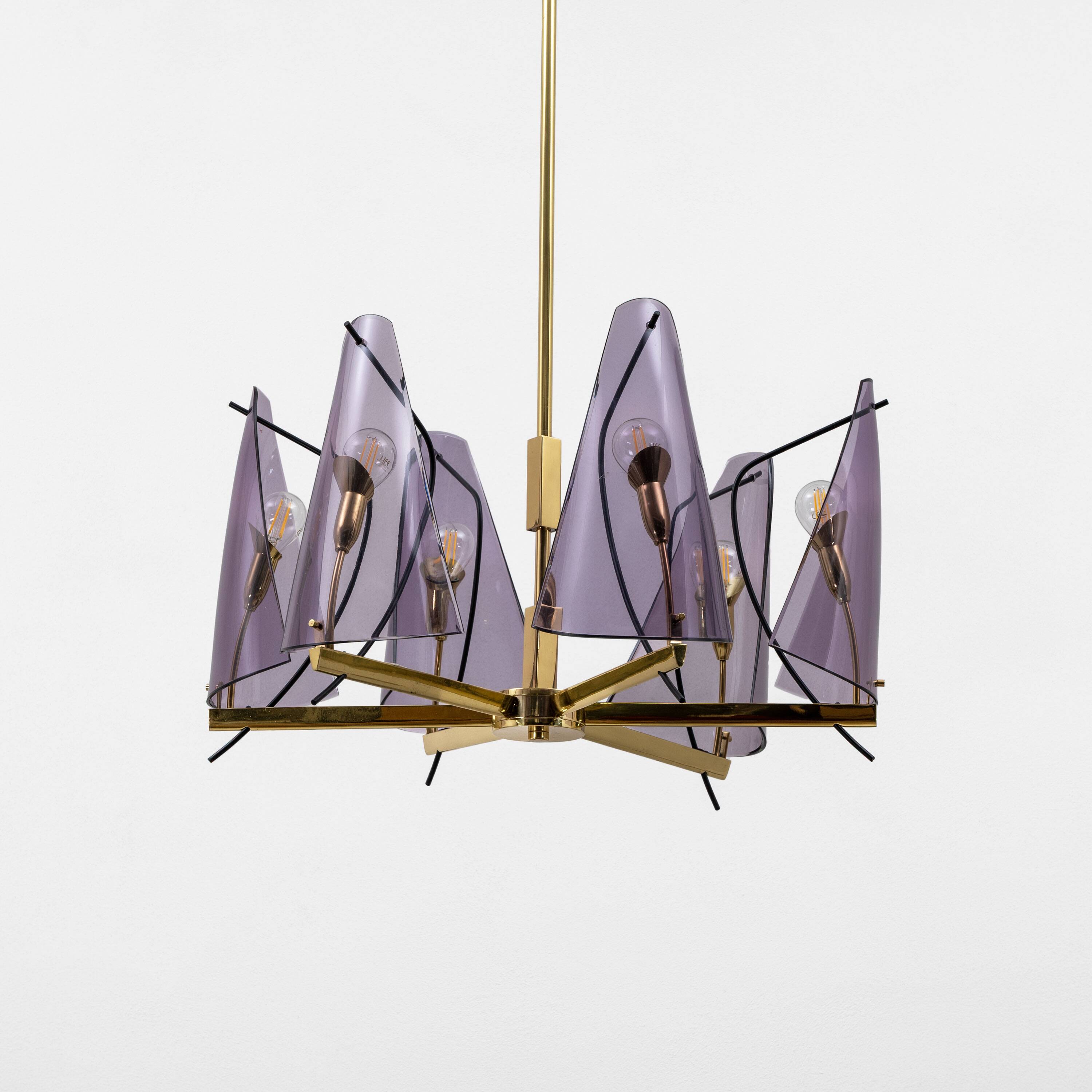 Italian Mid-Century Stilux Milano Chandelier in Brass and Purple Plexiglass