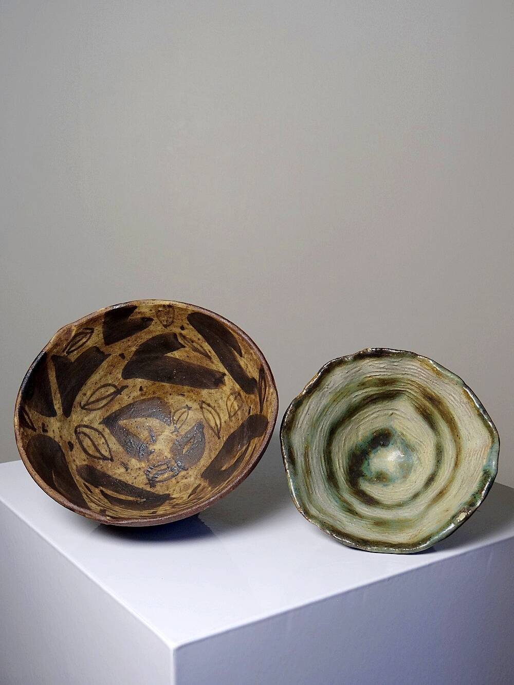 Pair of mismatched vintage "Wabi-Sabi" handcrafted ceramic/stoneware bowls
