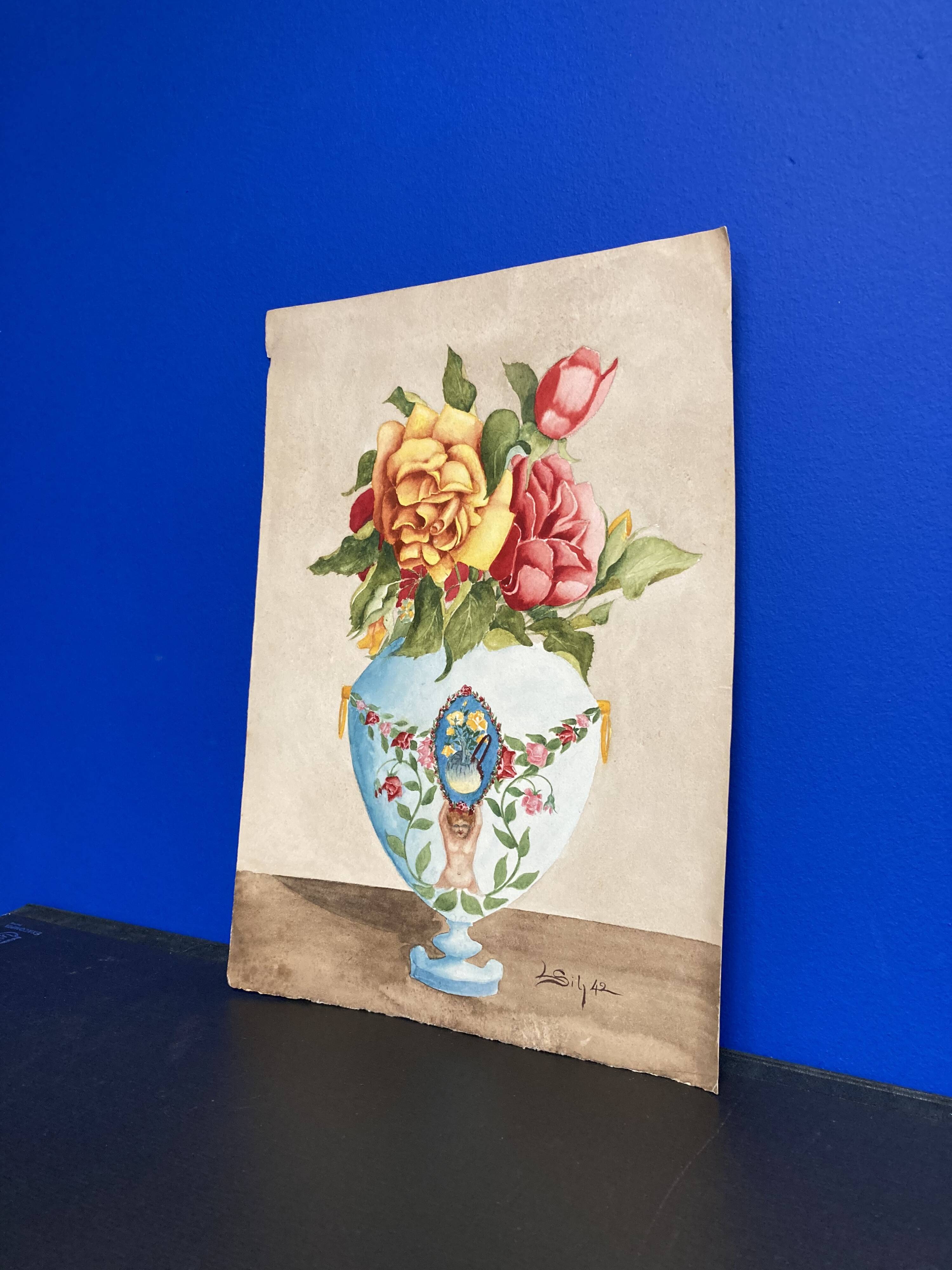 Vintage watercolor with roses in earthenware vase with angel