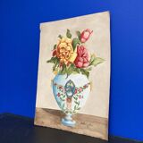 Vintage watercolor with roses in earthenware vase with angel
