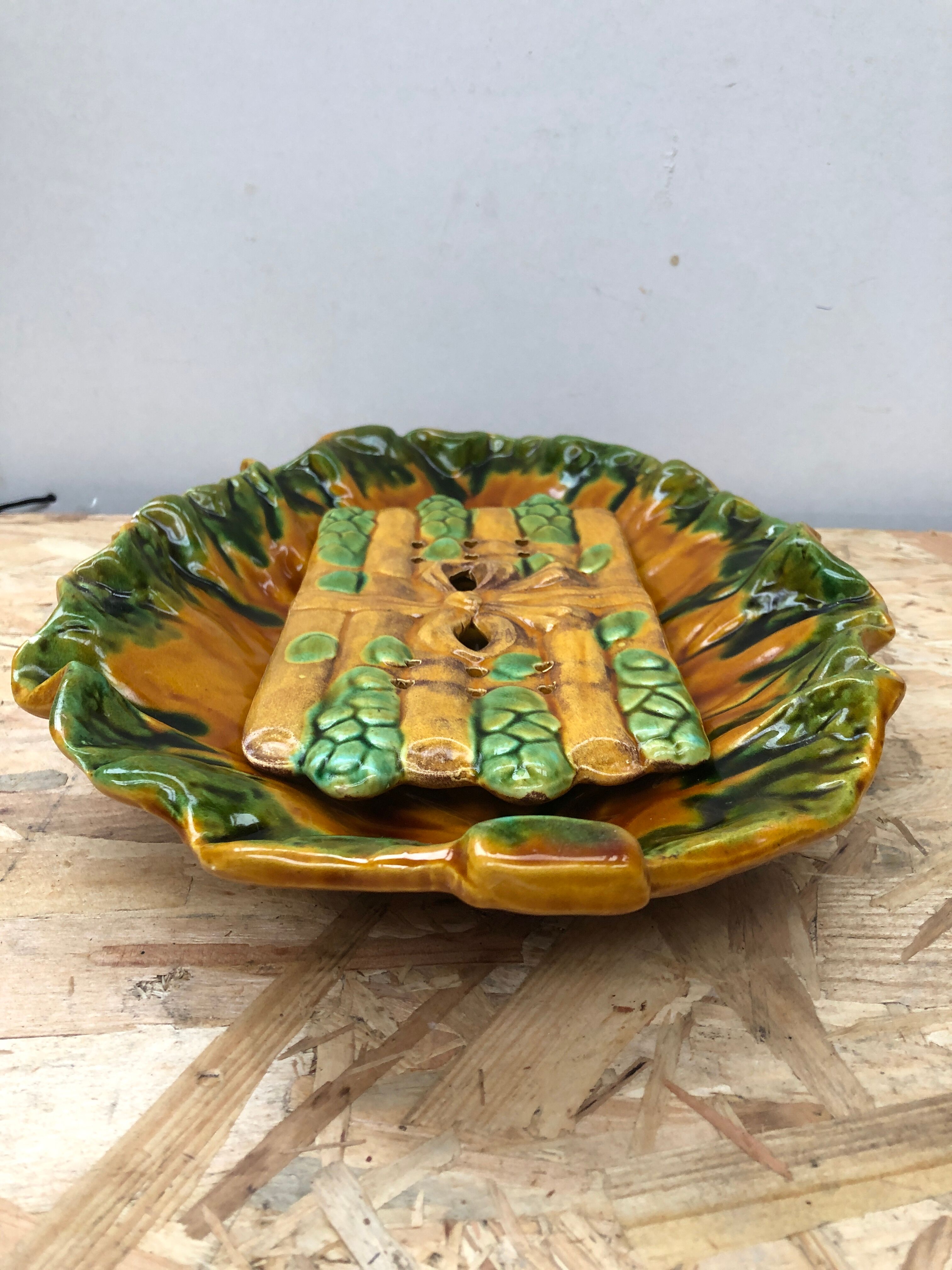Old asparagus dish vallauris d.m. ceramic green & yellow vintage