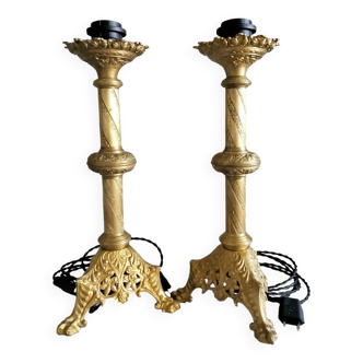 Paire de pique-cierges en bronze transformés en pieds de lampe
