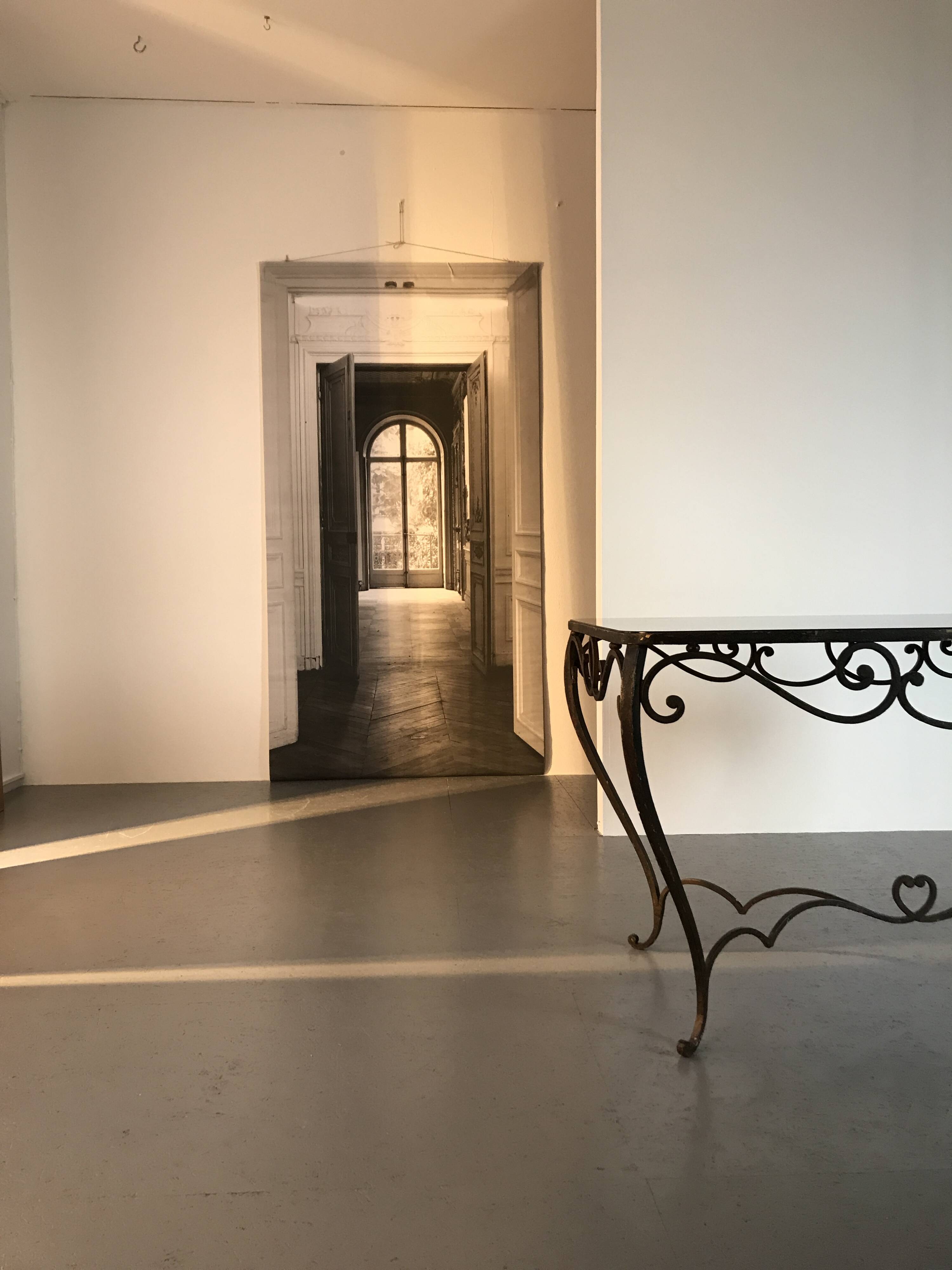 French Art Deco Wrought Iron Dining Table with Black Colored Glass, 1930s