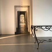 Table à manger Art Déco en fer forgé avec verre noir, années 1930