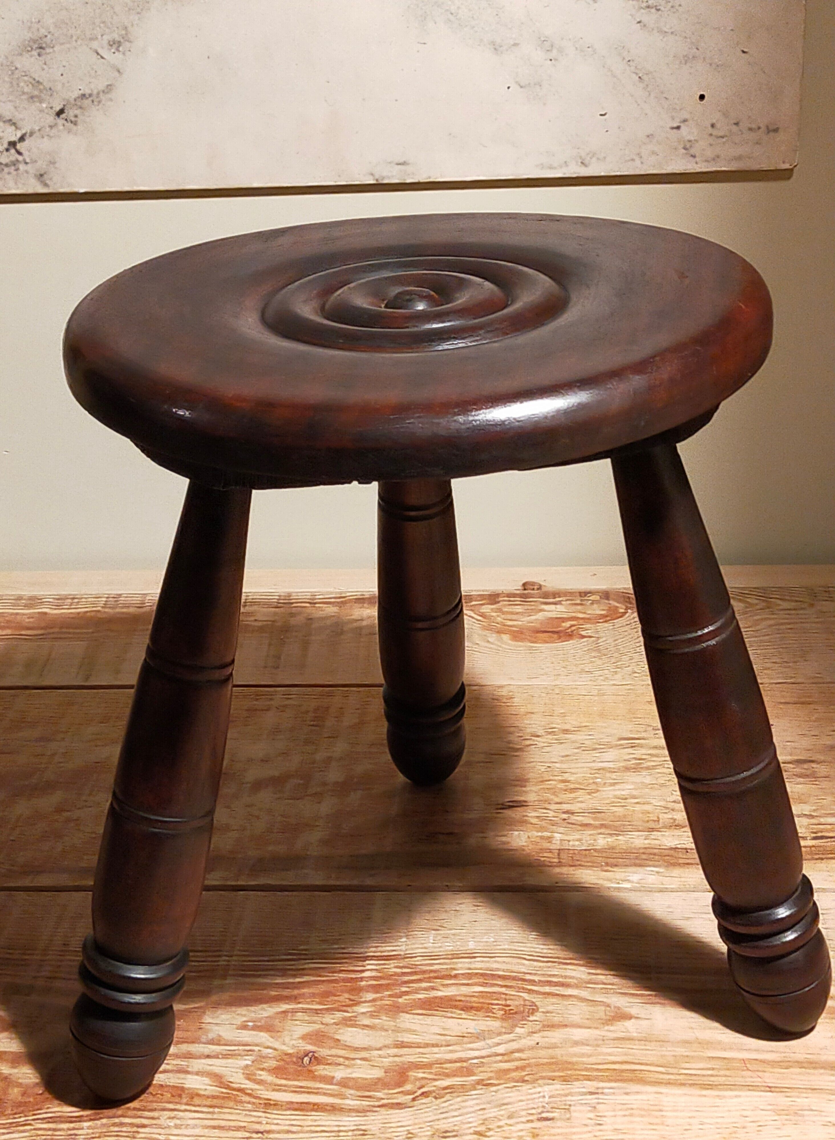Tripod stool solid wood turned vintage