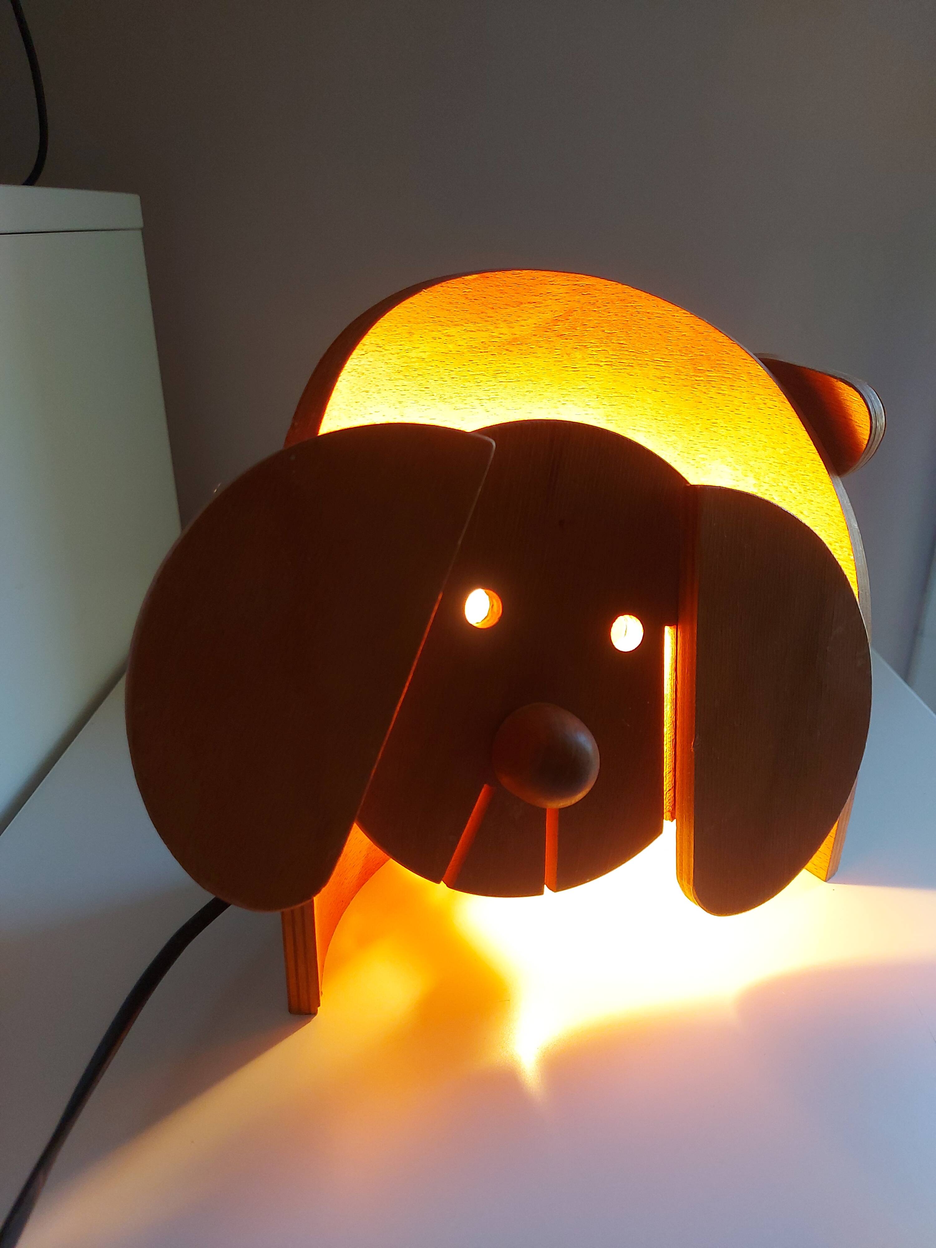 Vintage 80's wooden dog lamp, raison, france