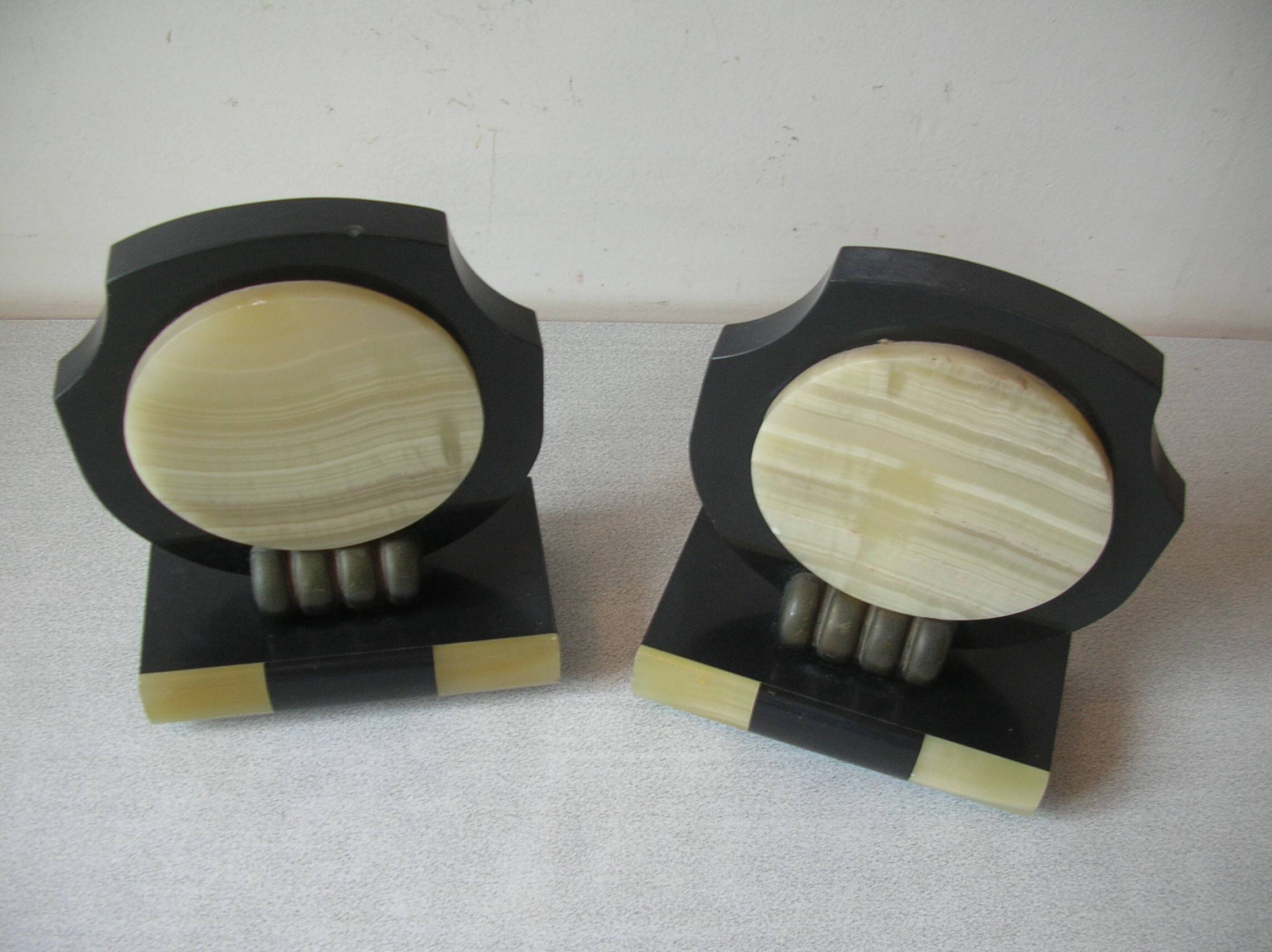 Old pair of cassolette bookends in Art Deco marble office living room vintage retro