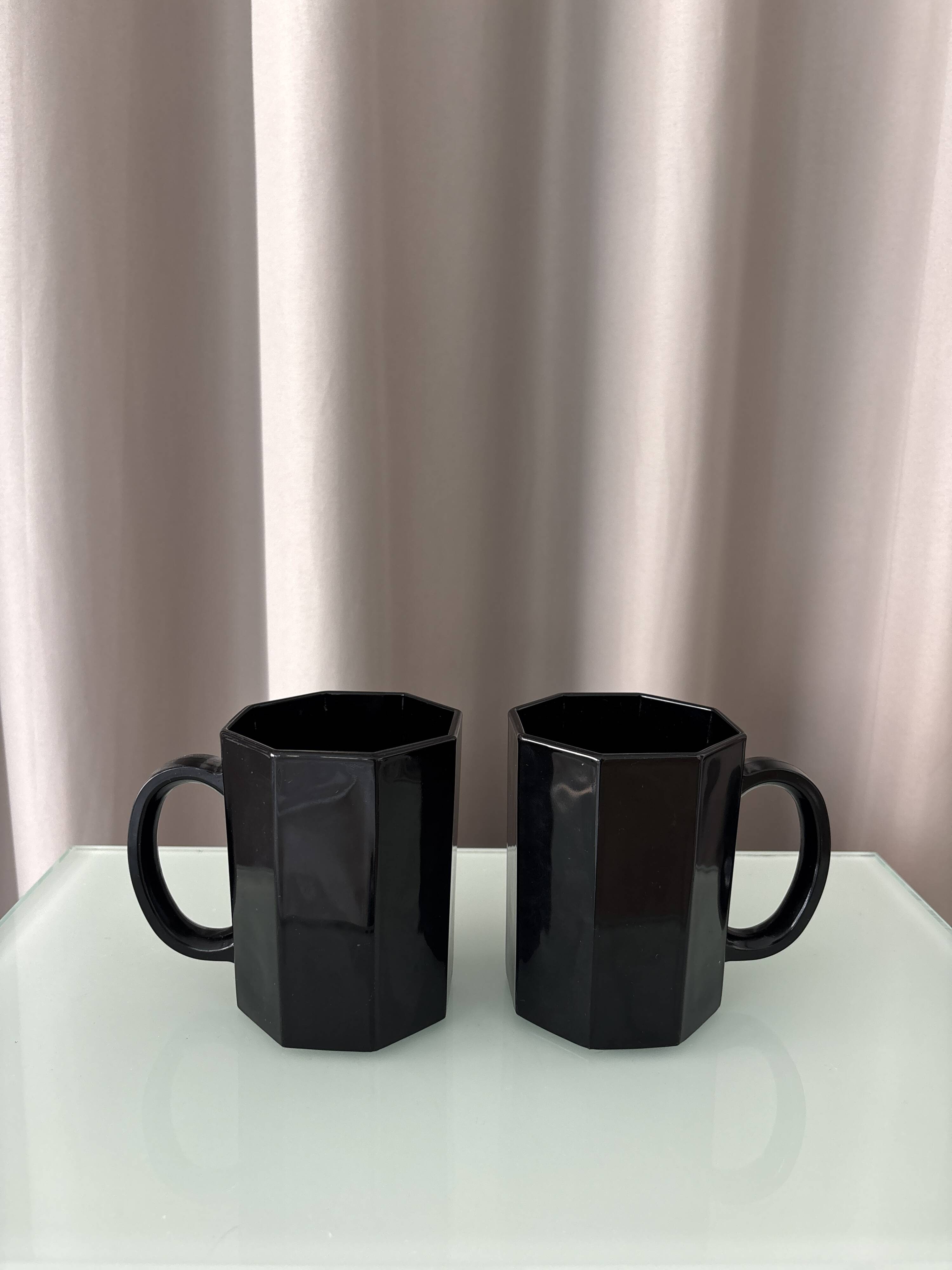 Vintage French Octagonal Black Glass Mugs | Set of 2 | Arc France | 1980s