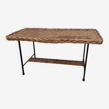 Table basse osier tressé et métal 1960