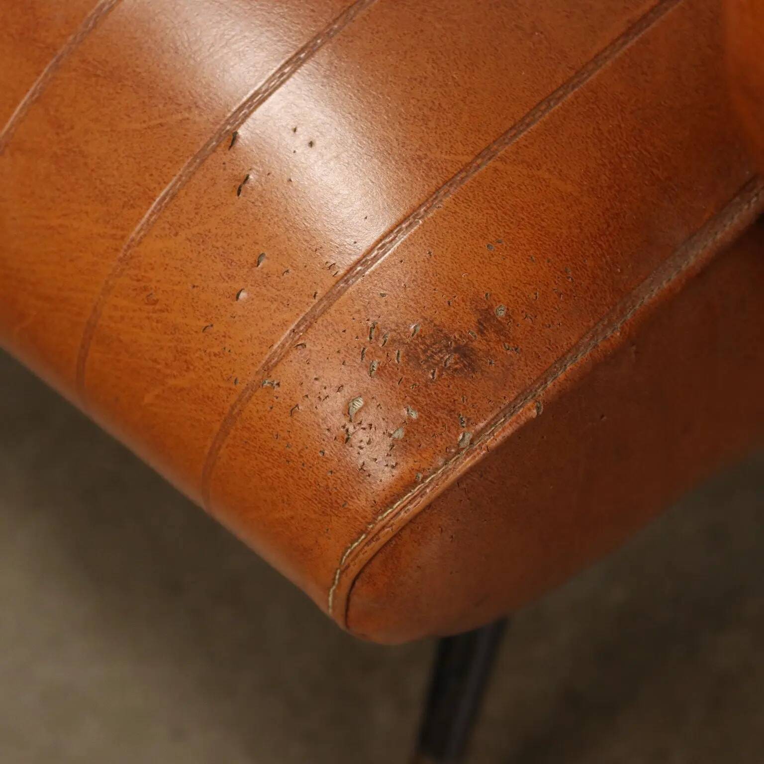 Small vintage armchair in faux leather, metal and brass, 1950s-1960s design.