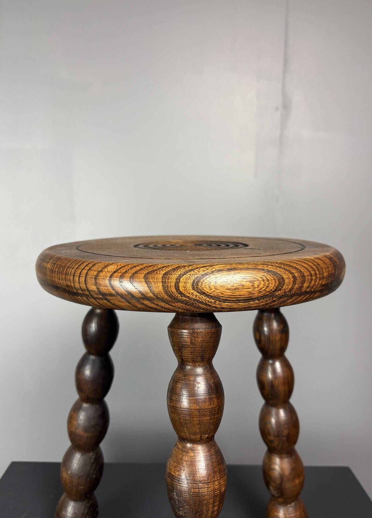 Midcentury bobbin wood turned stool, Charles Dudouyt style, France, 1950s