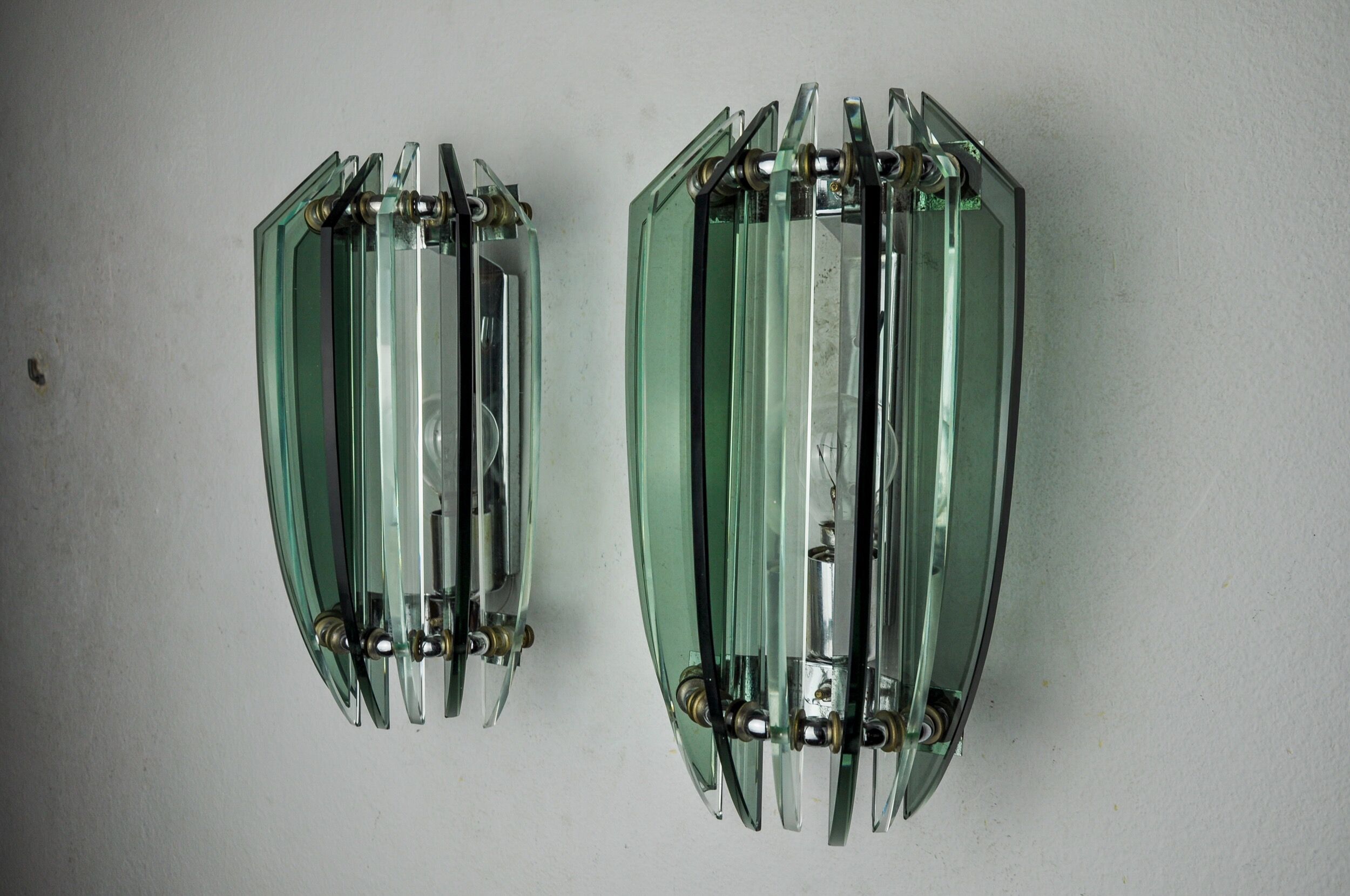 Pair of veca bicolor wall lamps, green murano glass, italy 1970