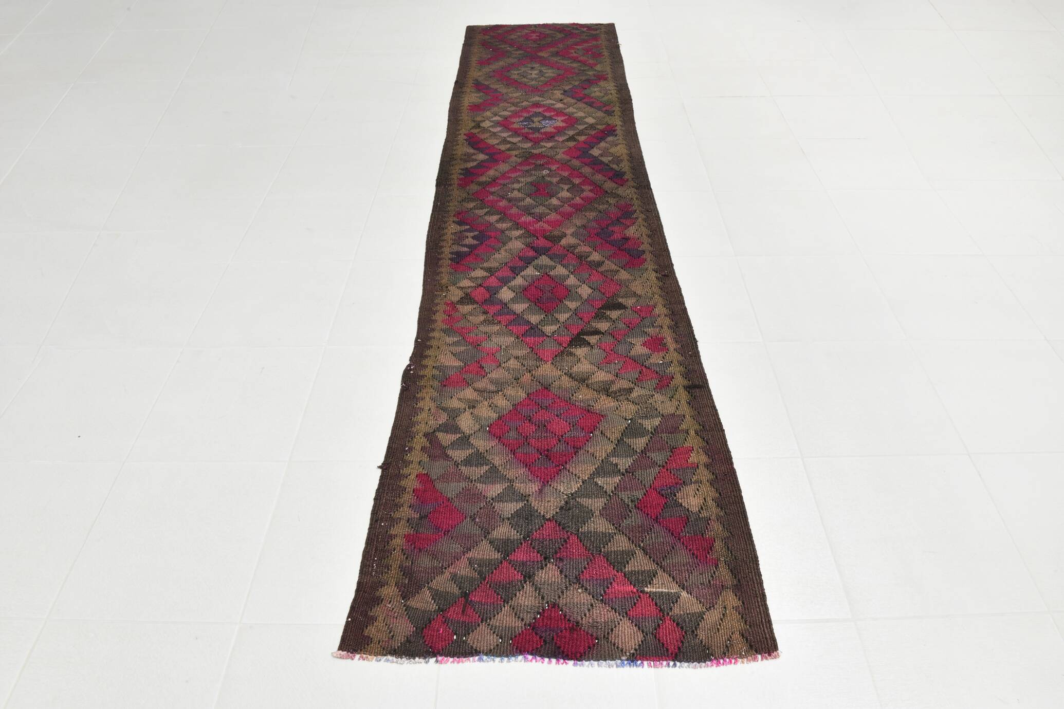 Burgundy Geometric Tribal Kilim Runner Rug, 80x342Cm