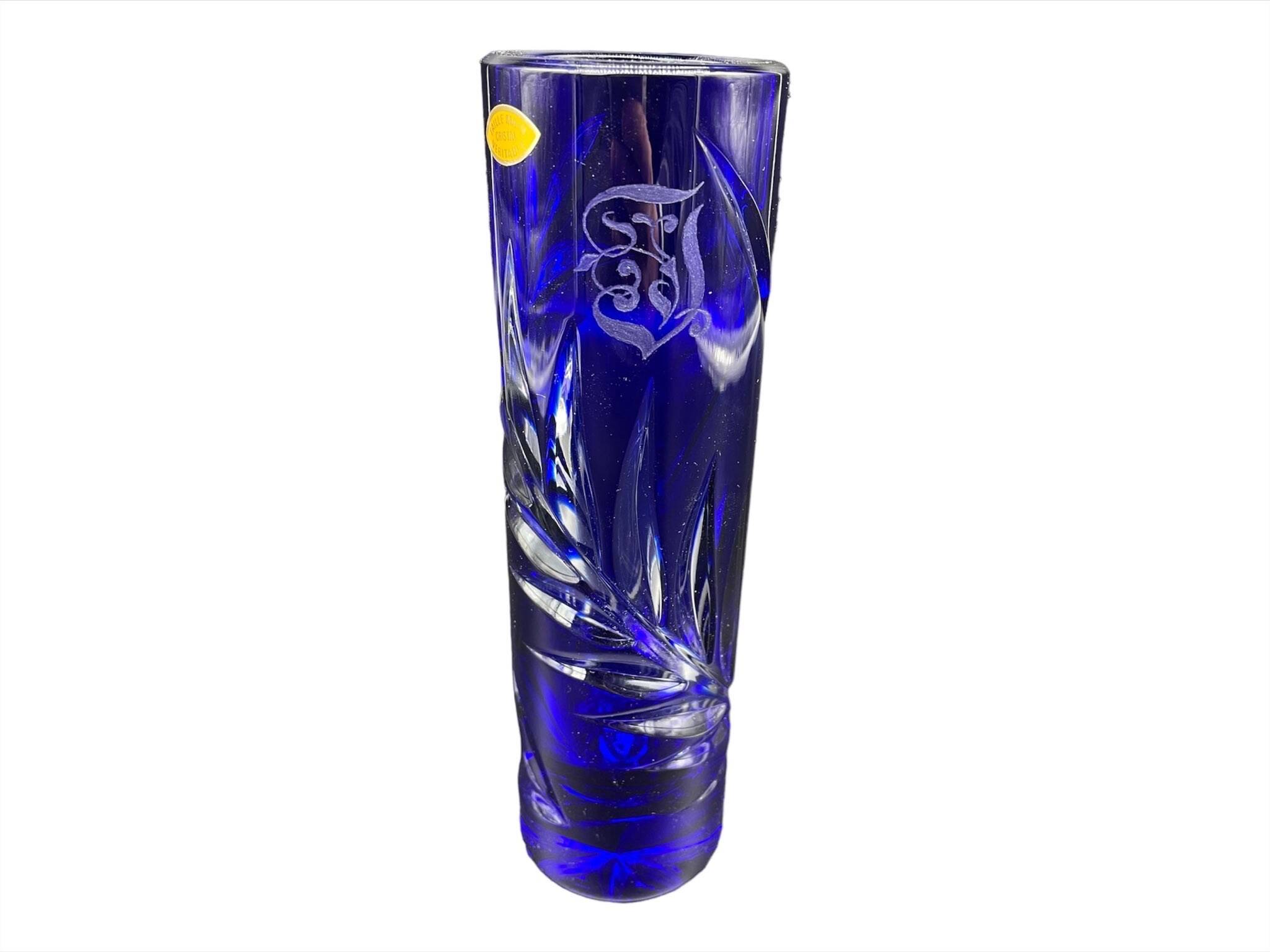 Soliflore vase, tubular, blue crystal, foliage decoration, encrypted, label, hand cut, flowers