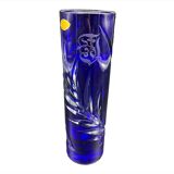 Soliflore vase, tubular, blue crystal, foliage decoration, encrypted, label, hand cut, flowers