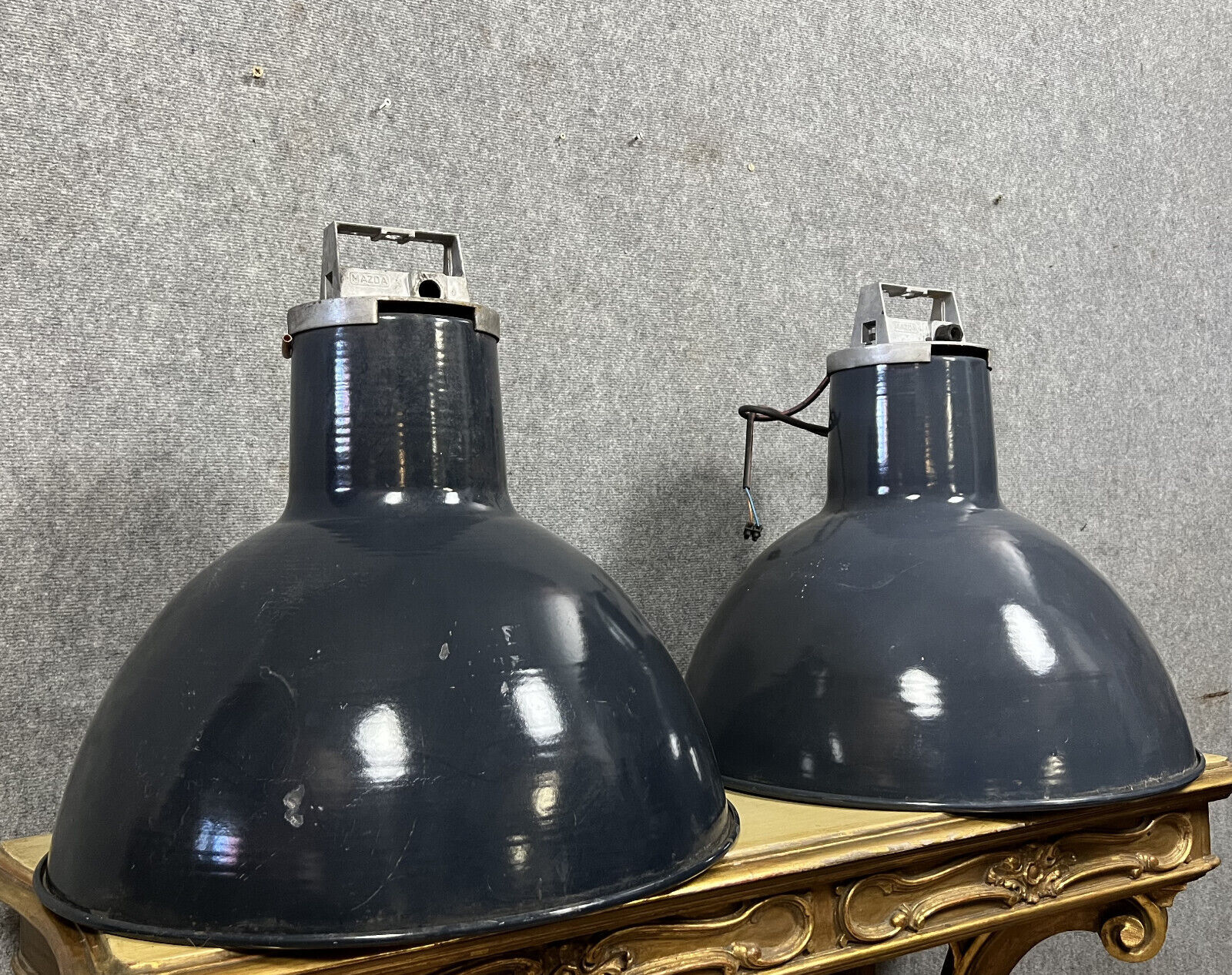 Pair of Mazda industrial suspension lamps in lacquered sheet metal