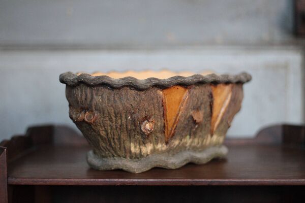 Jardinière Terracotta brutaliste imitation tronc d'arbre, cache-pot, campag