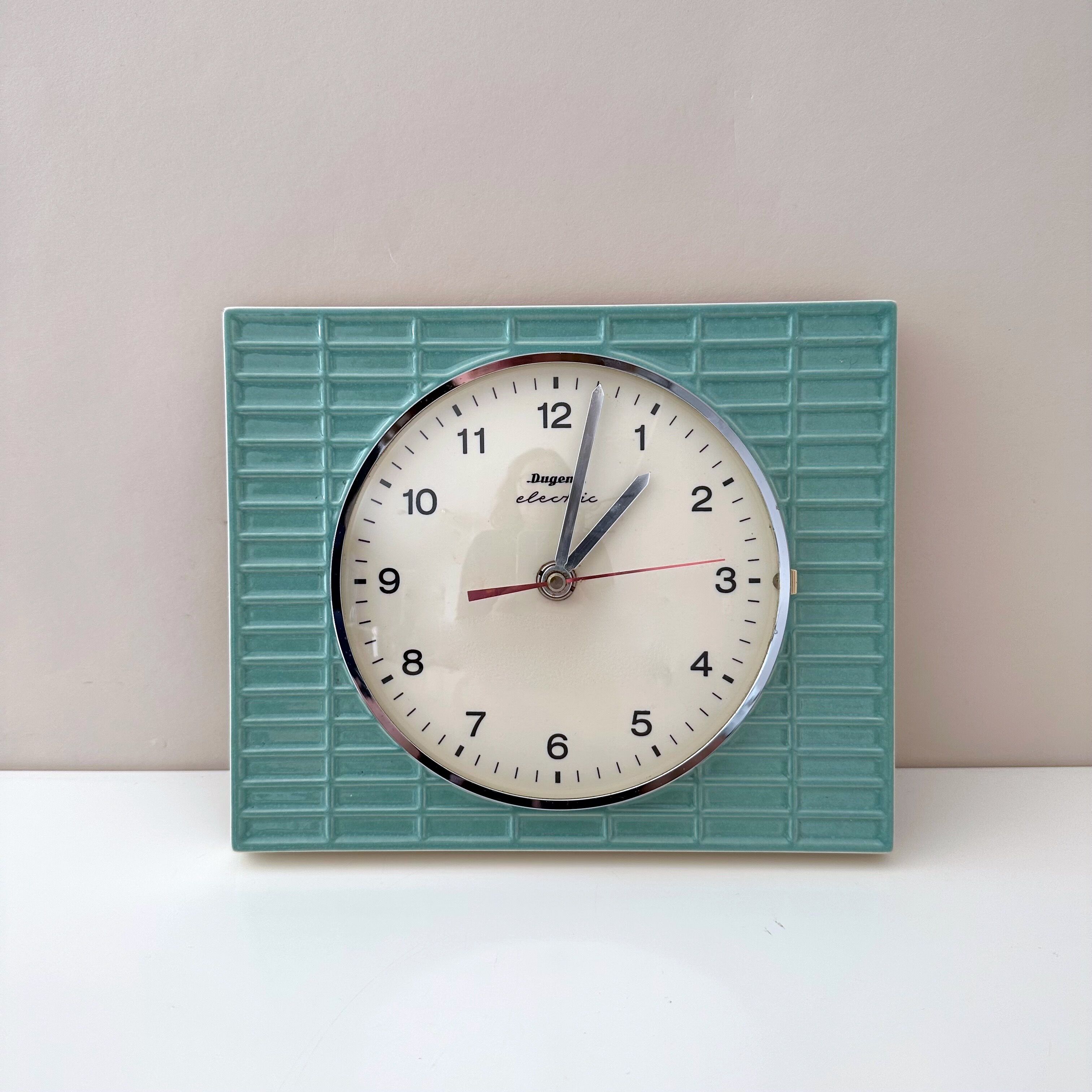 Vintage dugena wall clock, ceramic clock, pastel green, mid century clock