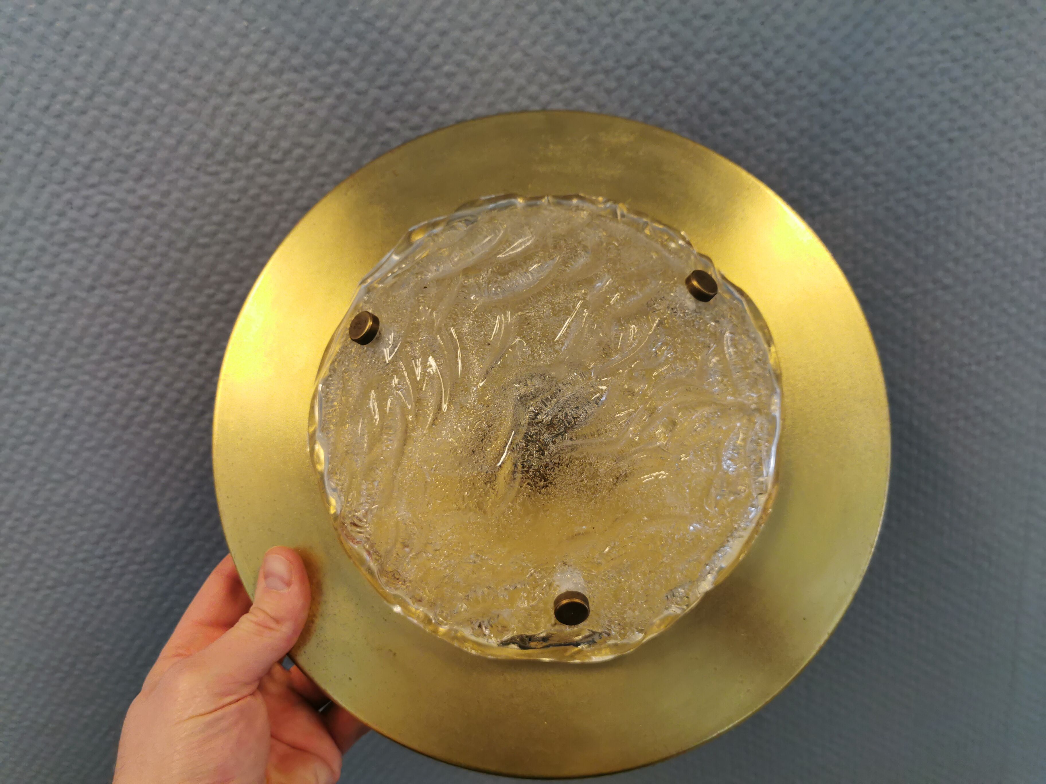 Wall/ceiling lamp, made in brass and white lacquered metal with frosted solid glass shade