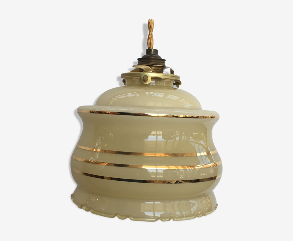Suspension vintage en verre beige et liserés dorés