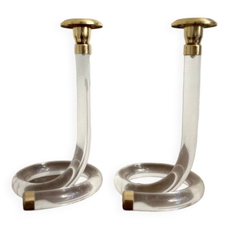 Pair of modern Dorothy Thorpe candlesticks in lucite, 1970s