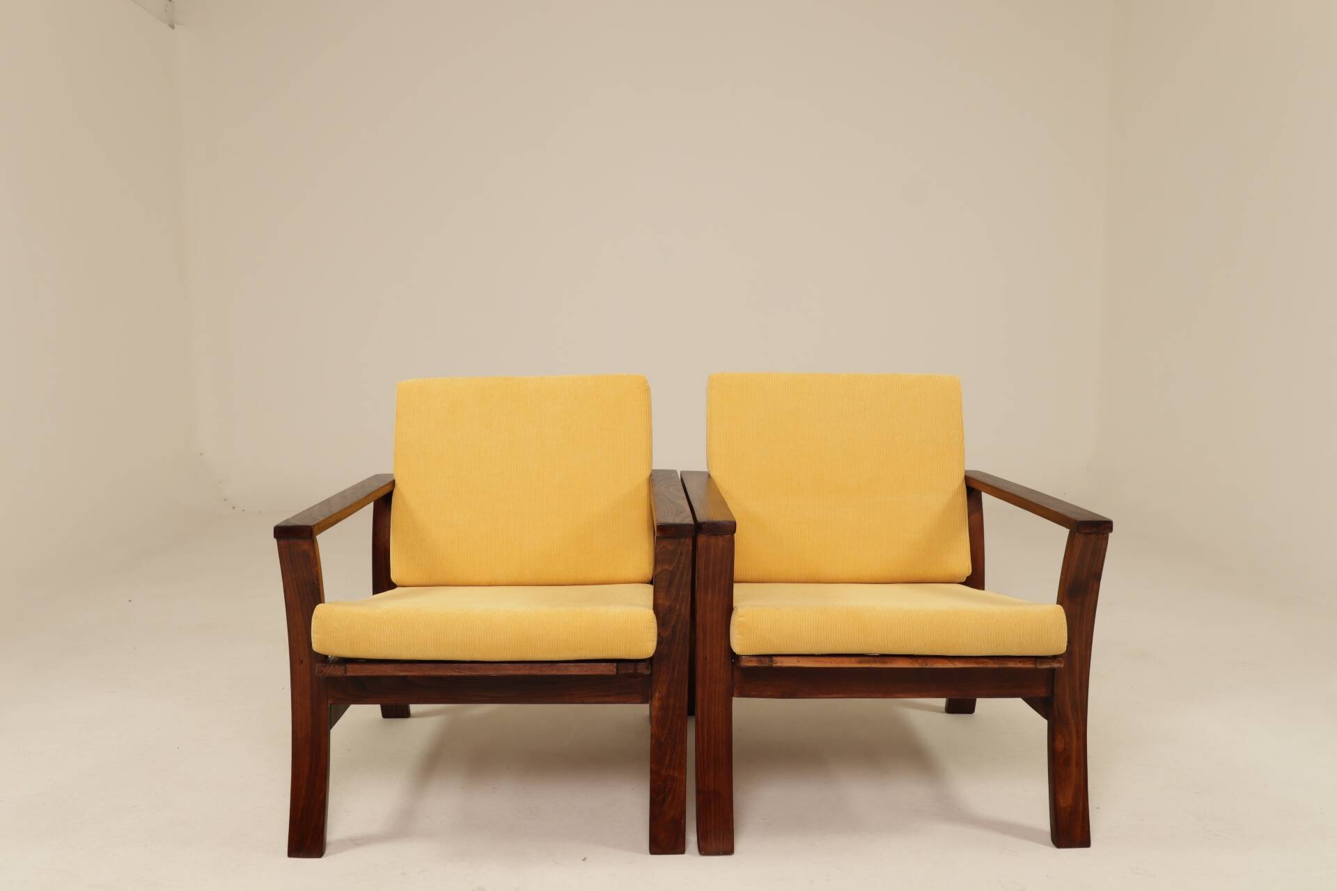 Pair of vintage curved beech armchairs, refurbished – Corduroy fabric