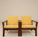Pair of vintage curved beech armchairs, refurbished – Corduroy fabric