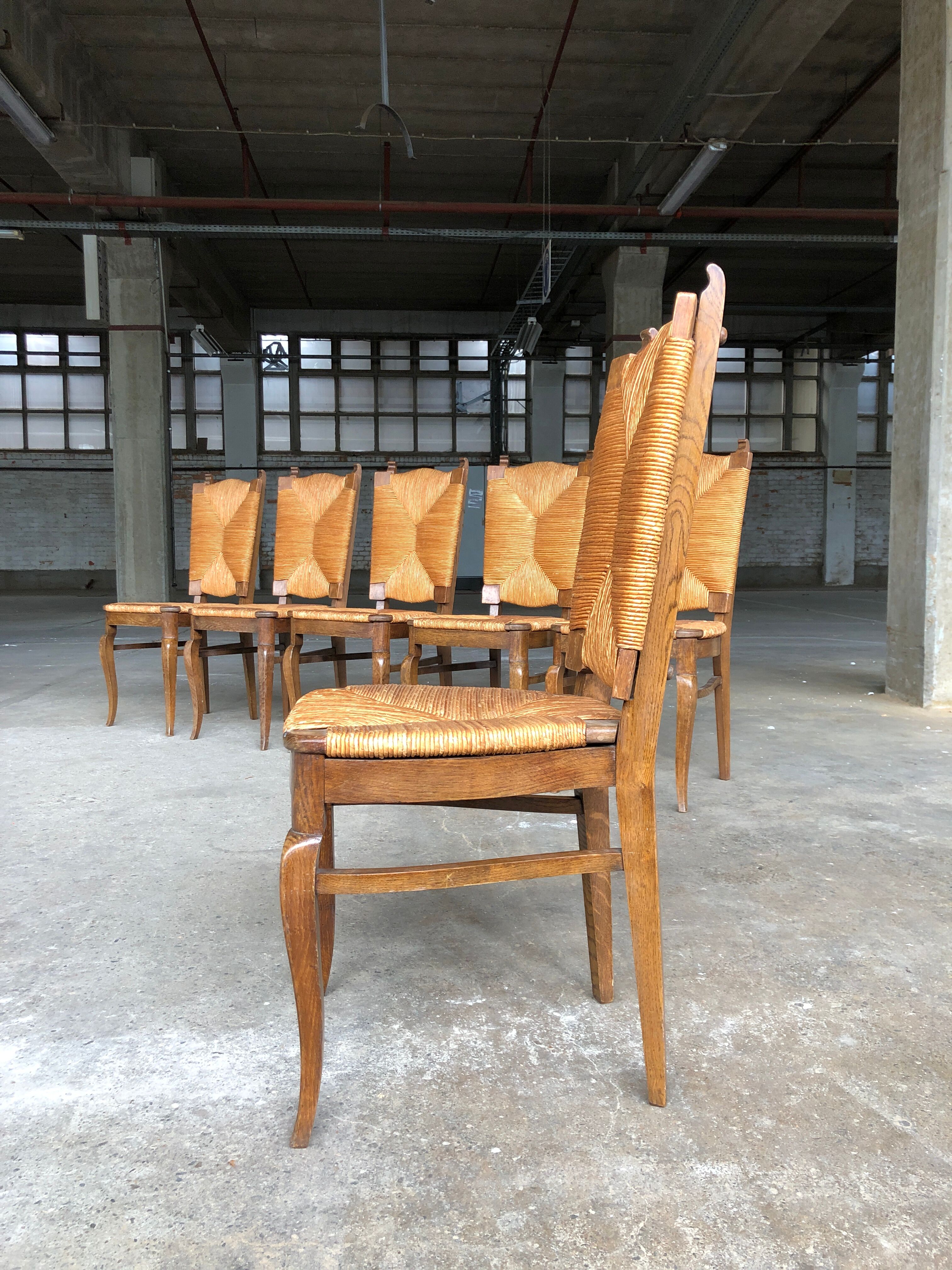 Dining chairs with rush made of oak wood, France 1950s, Set of 6