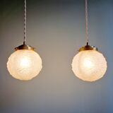 Pair of Art Deco pendant lights in transparent satin glass, 1920s-30s