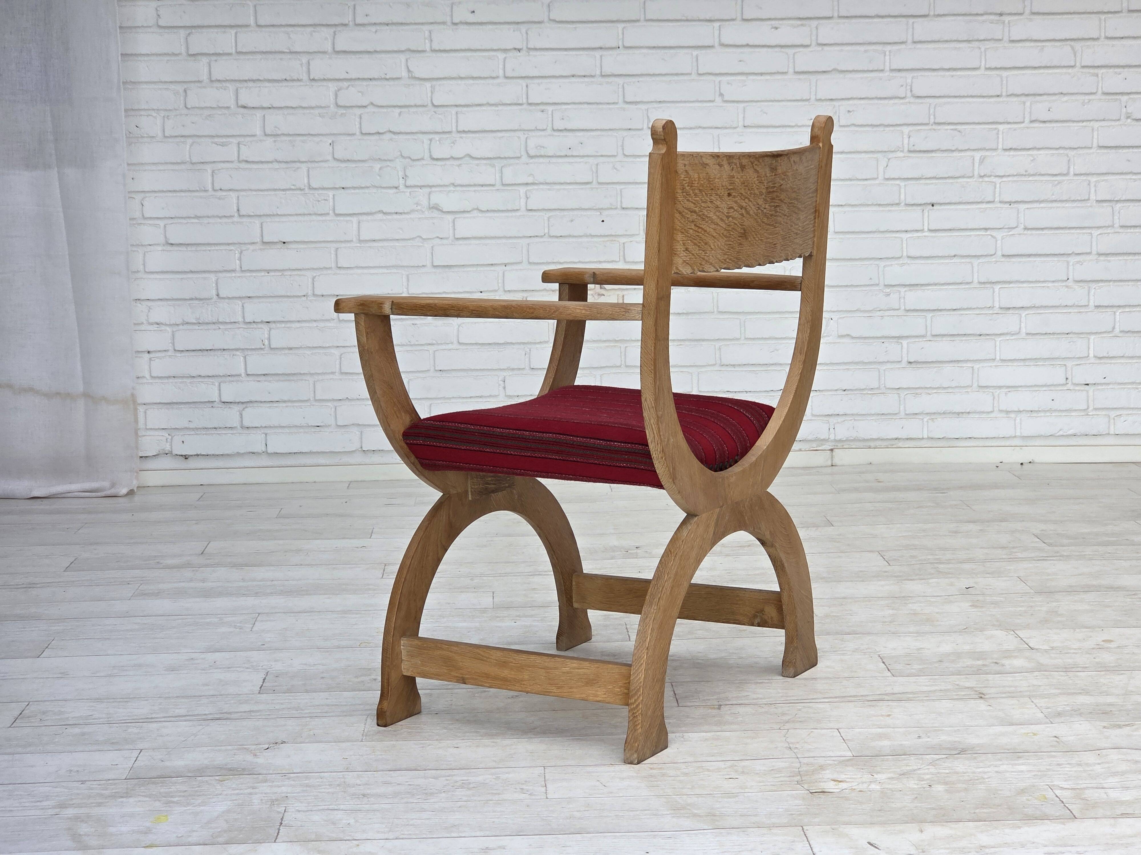 1970s, Danish armchair, original red furniture wool, solid oak wood.