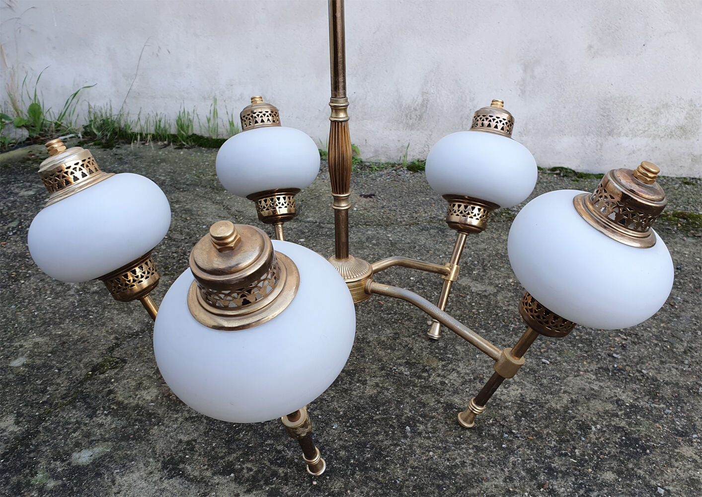 Brass opaline chandelier 1950