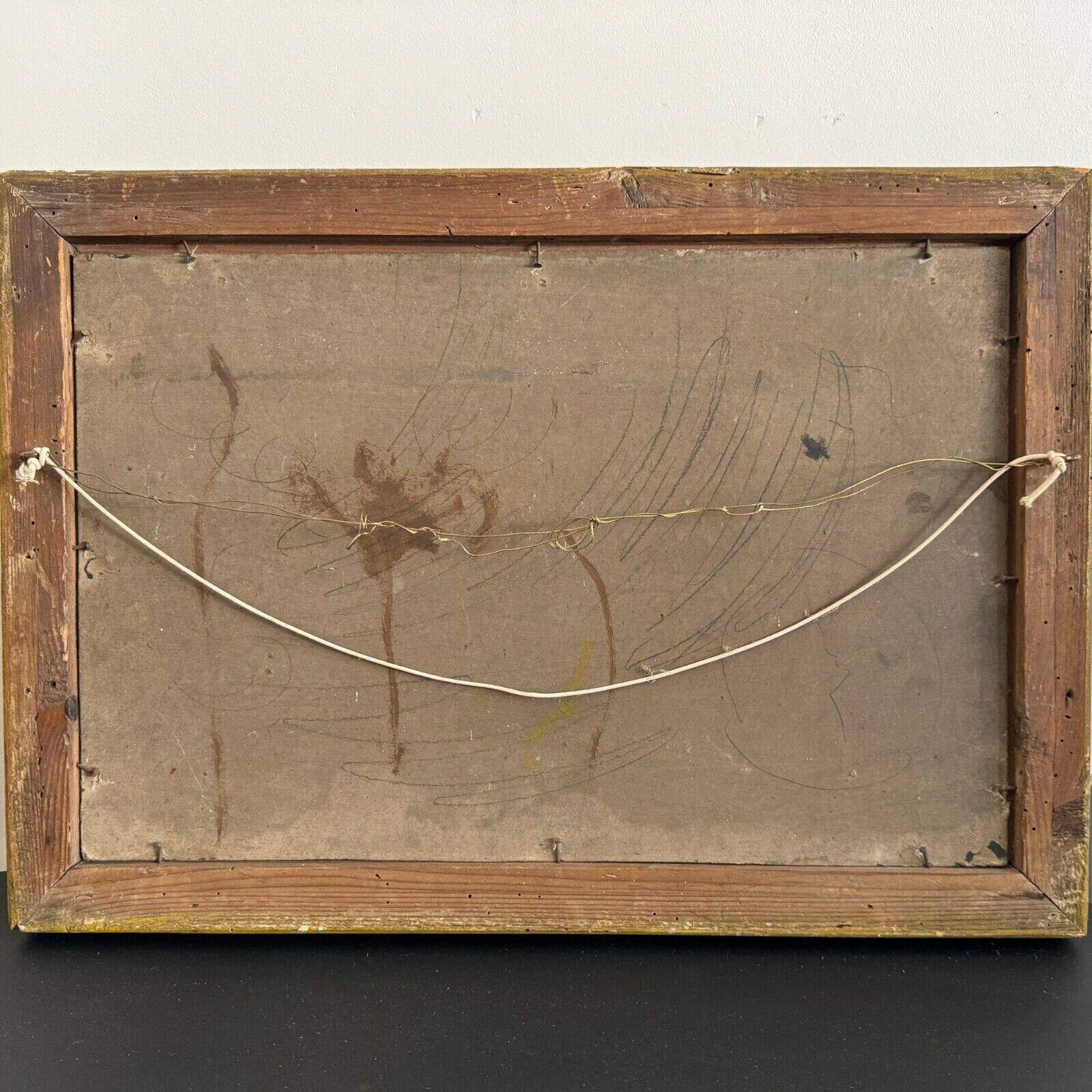 Oil on cardboard depicting a boat on a rocky coast