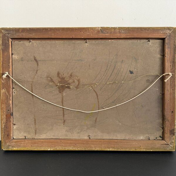 Huile sur carton représentant un bateau sur une côte rocheuse