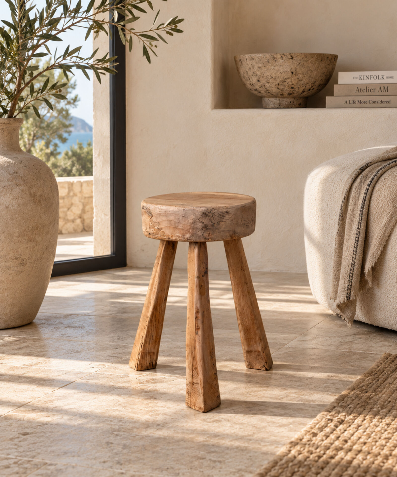 Tabouret tripode en orme massif 1960