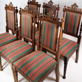 Set of six dining room chairs of oak and upholstered with striped fabric, 1920s
