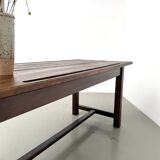 Solid pine workbench, grooved top, satin brown finish.