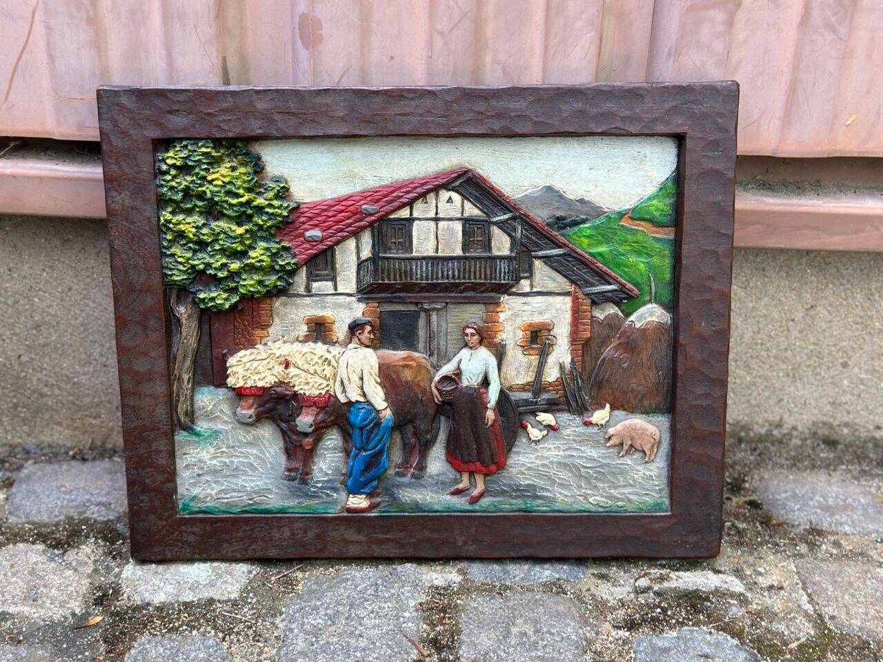 Wooden bas-relief panel, carved and painted
