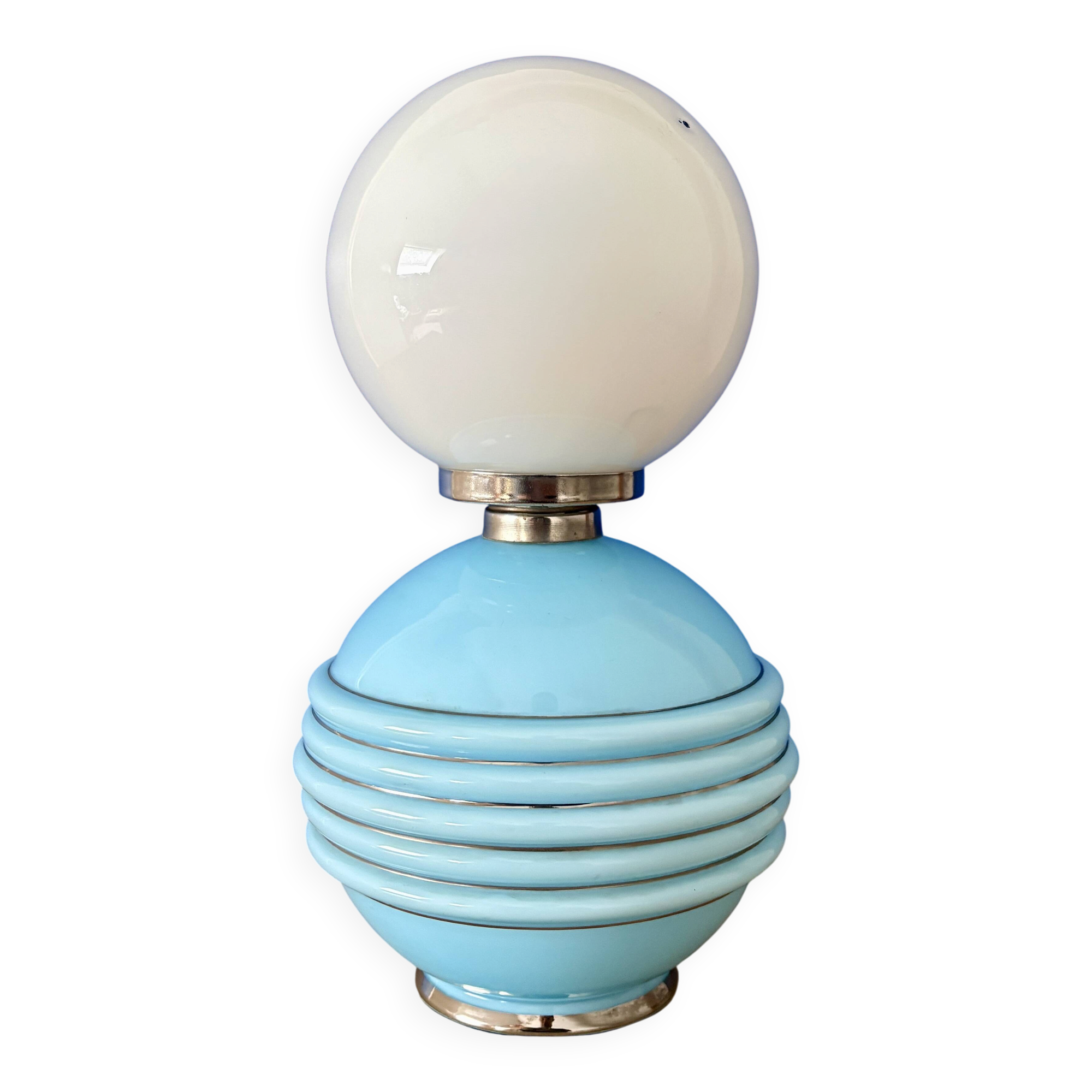 Lampe à poser vintage en opaline bleu et blanche