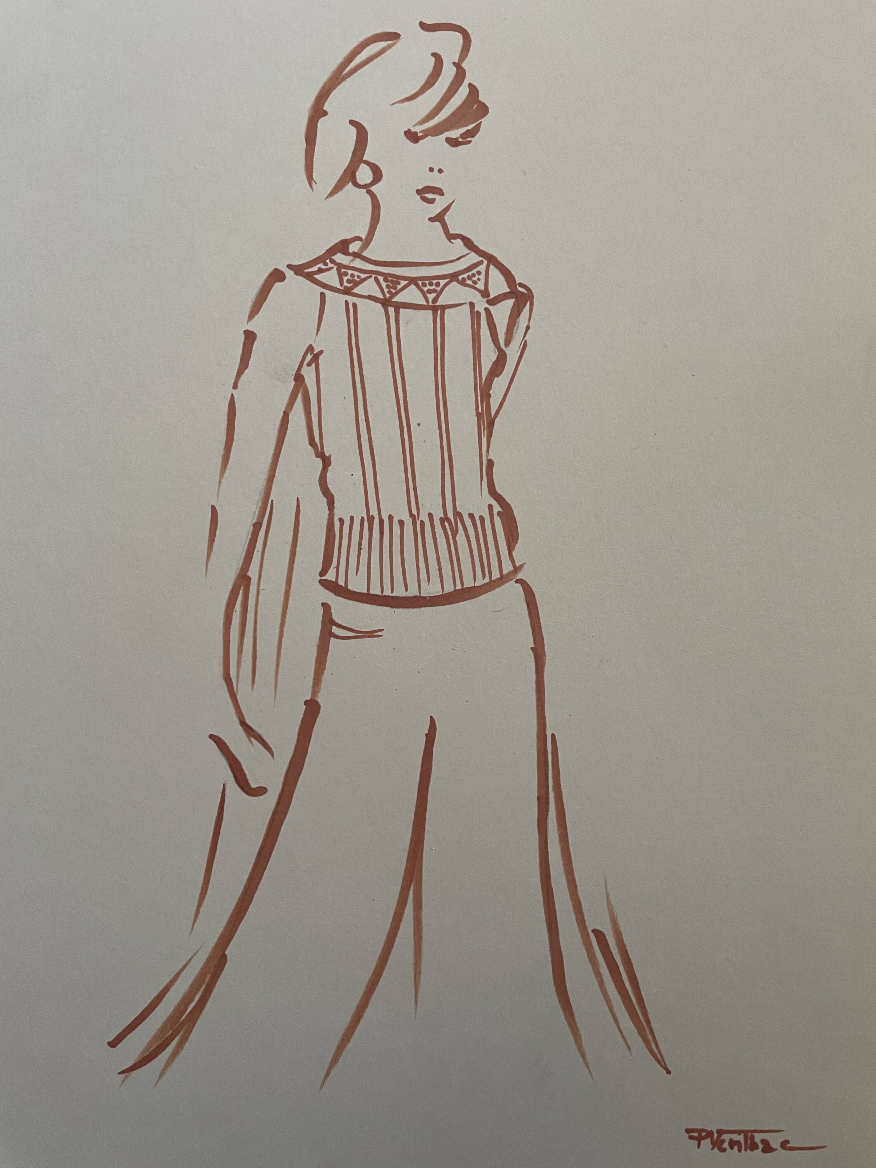 Painting signed in ink fashion engraving "study of a woman's sweater model"