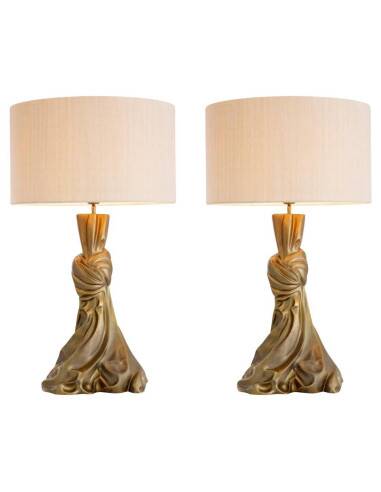 Pair of table lamps in patinated brass color, linen lampshade.