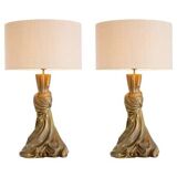 Pair of table lamps in patinated brass color, linen lampshade.