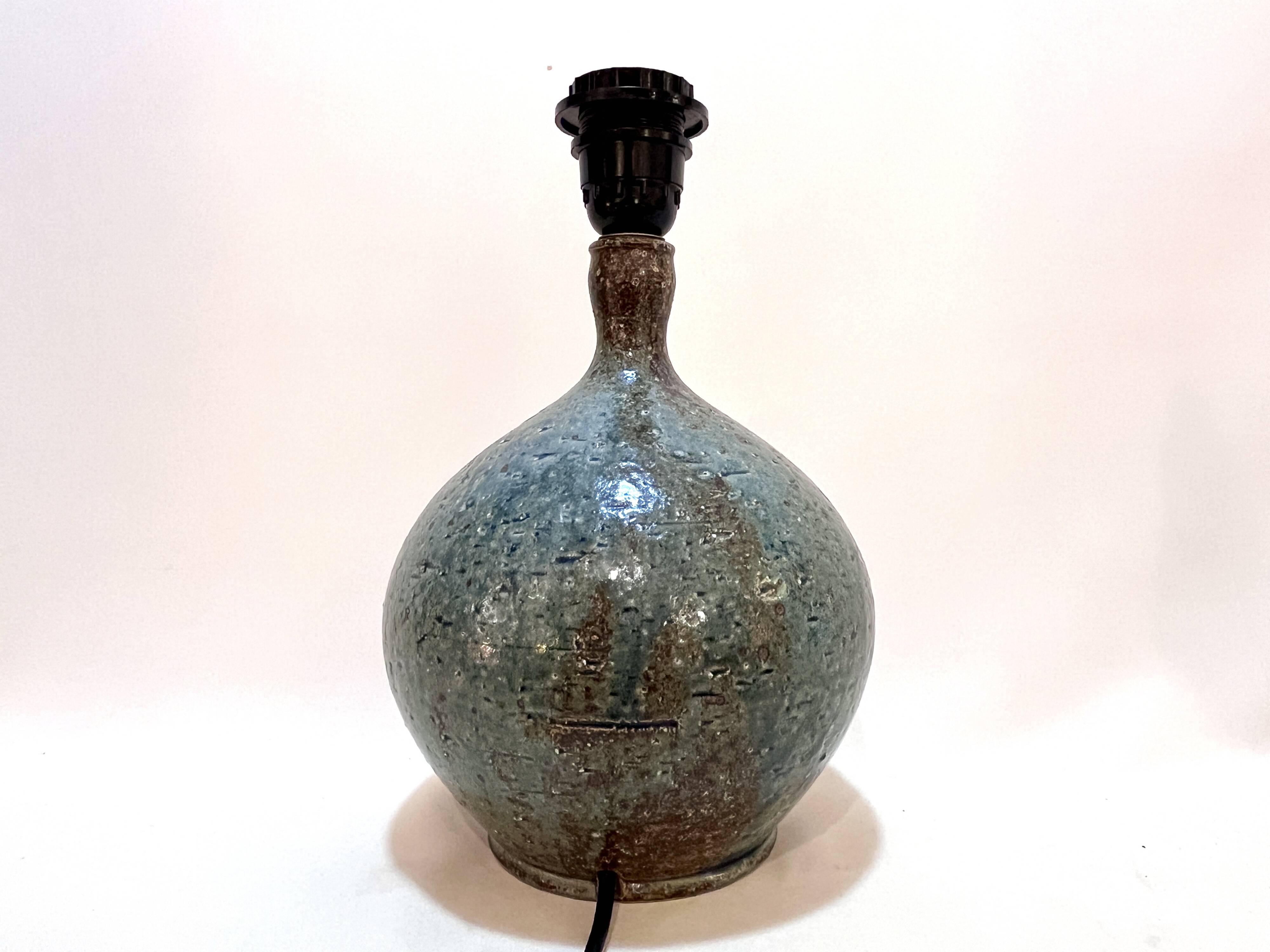 Vintage stoneware lamp by Alain Blanchard, 1970s, fern, rope shade