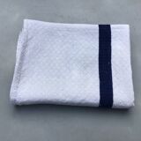 Old ecru Basque linen tea towel with navy blue stripes