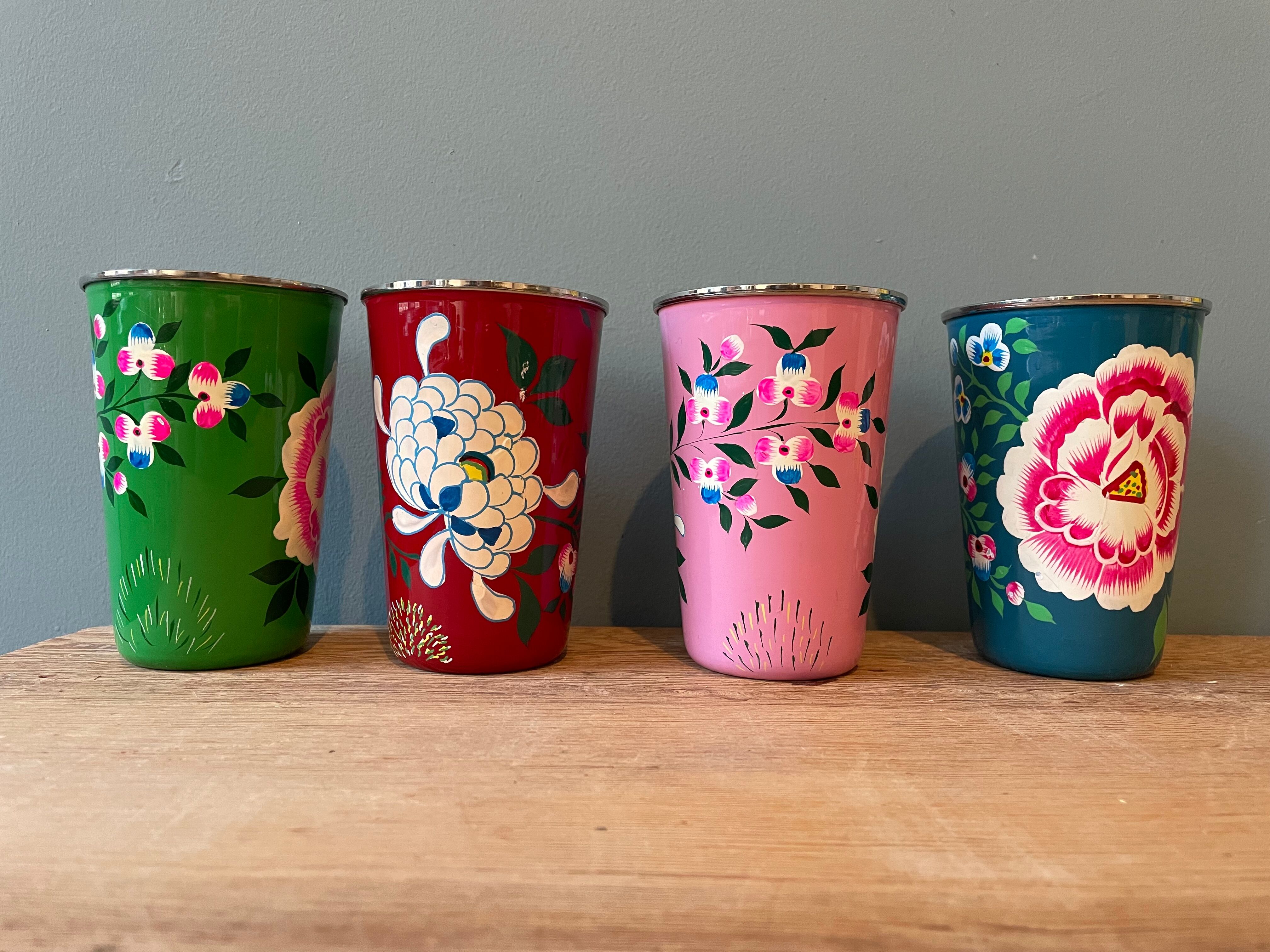 Set of 4 hand-painted stainless steel cups