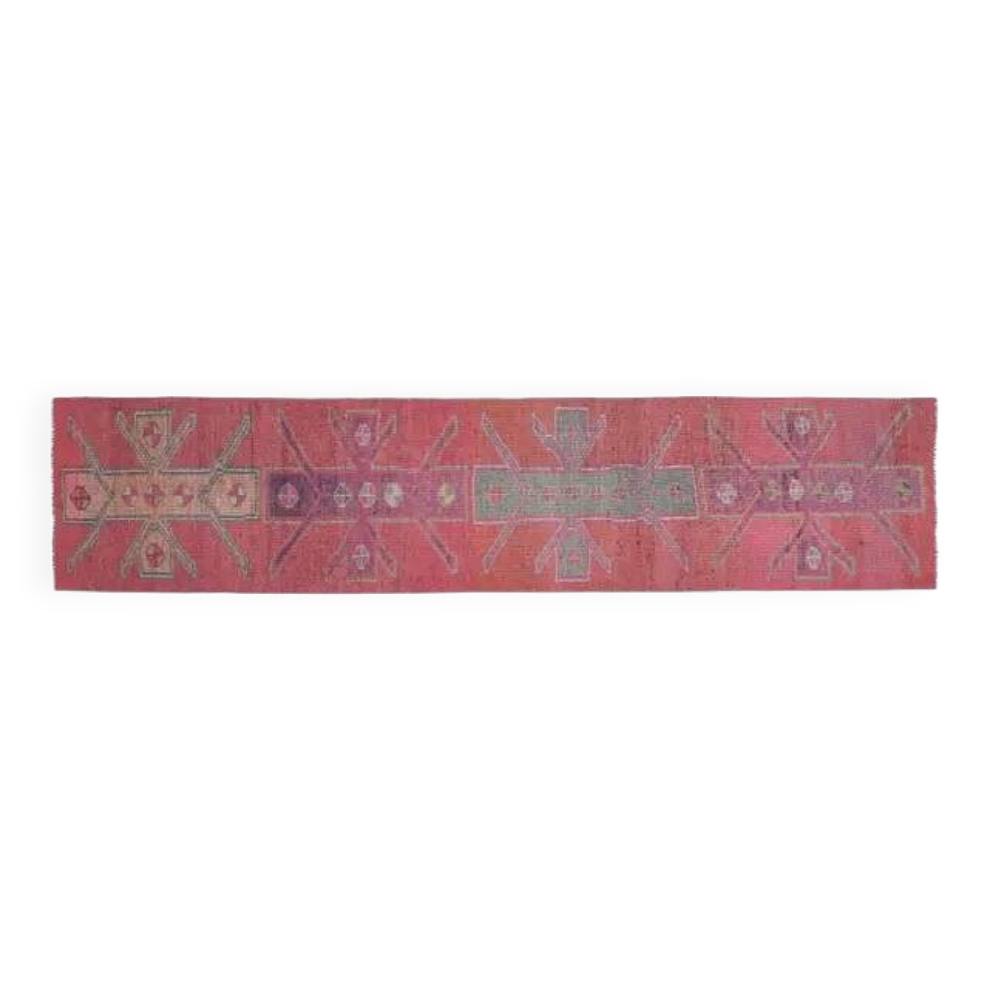 1970s Vintage Turkish Handmade Wool & Cotton Pink Runner Rug 76x344