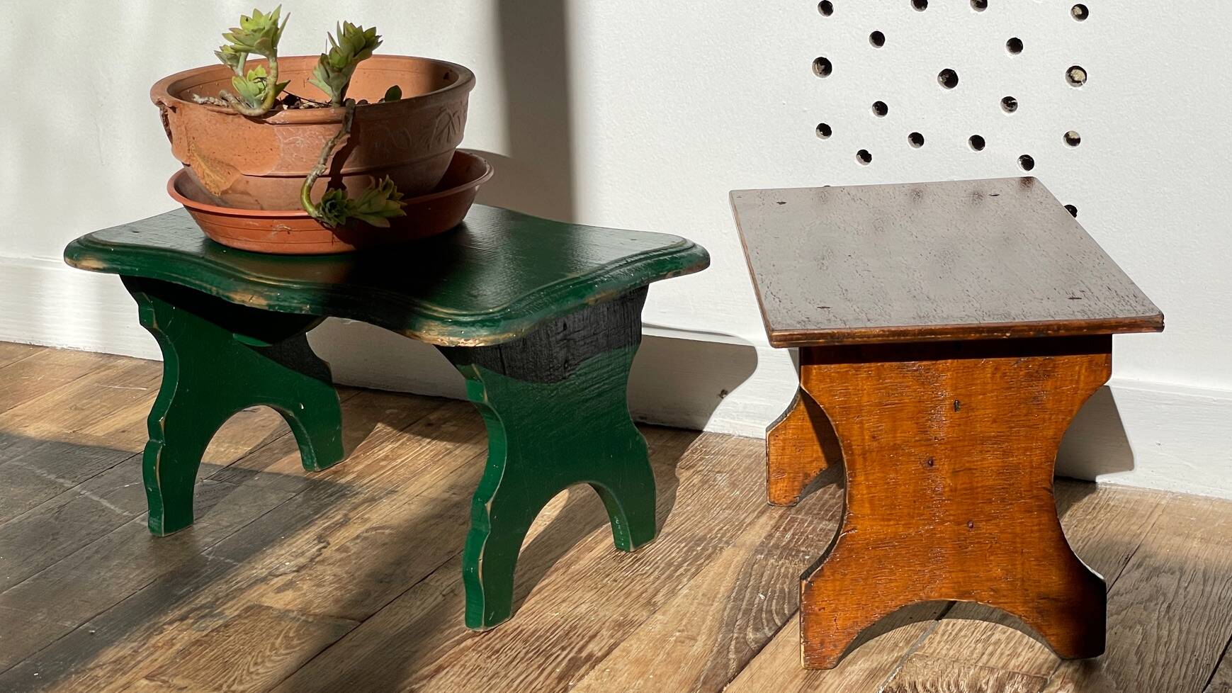 2 vintage wooden bar stools