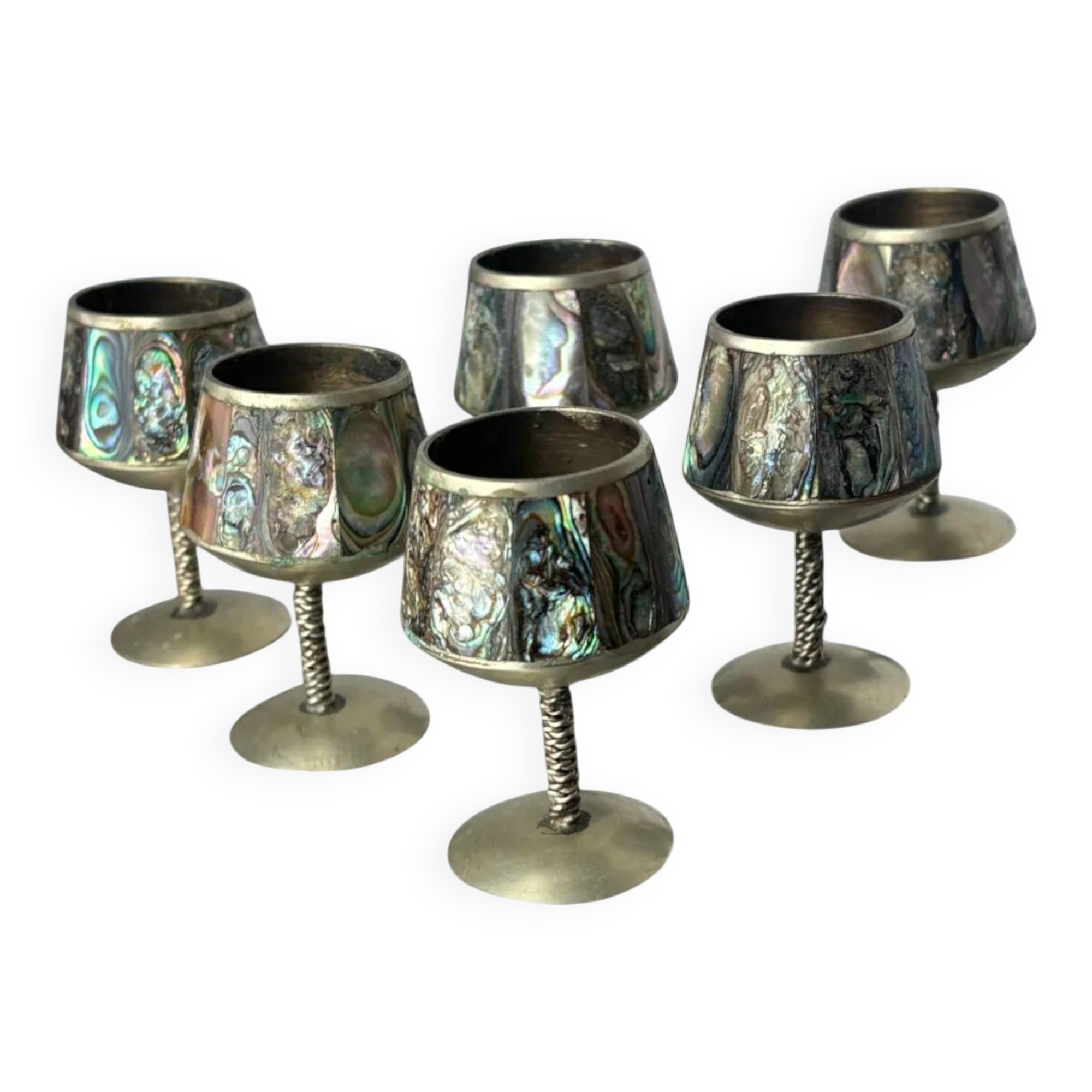 Abalone shell & alpaca shot glasses, set of 6, Mexico, 1970